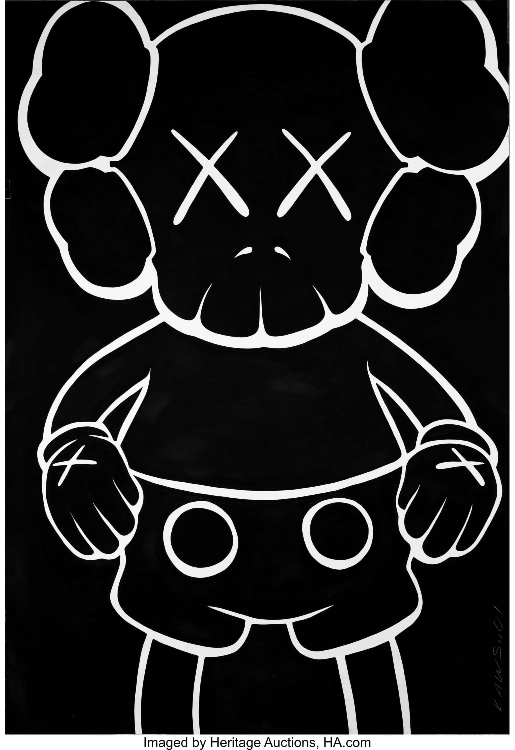 Ang iconikong KAWS Companion karakter na ipinapakita na tumitingin paitaas laban sa isang asul na langit Wallpaper
