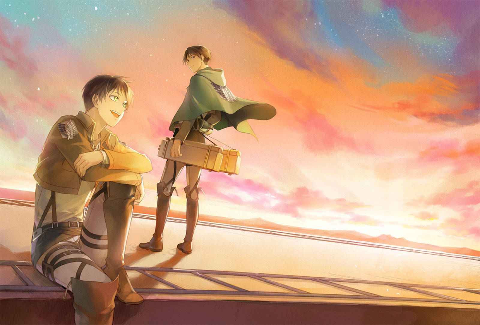 Ang magiting na duo, sina Eren at Levi, ng Attack on Titan ay nagpapahinga sa gitna ng isang mabituing gabi. Wallpaper