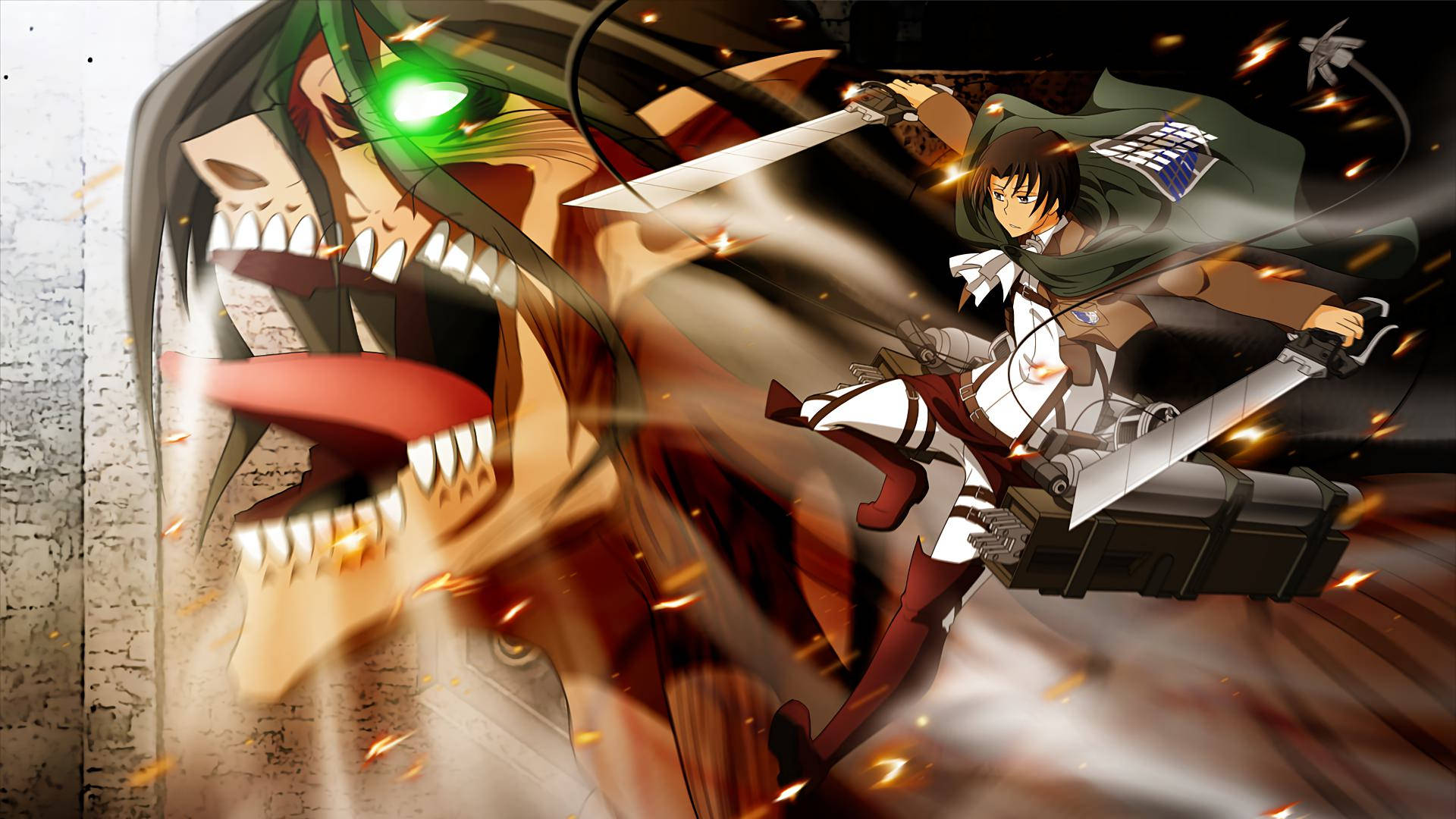 Ang mga Humanoid na sina Levi Ackerman at ang Attack Titan Wallpaper