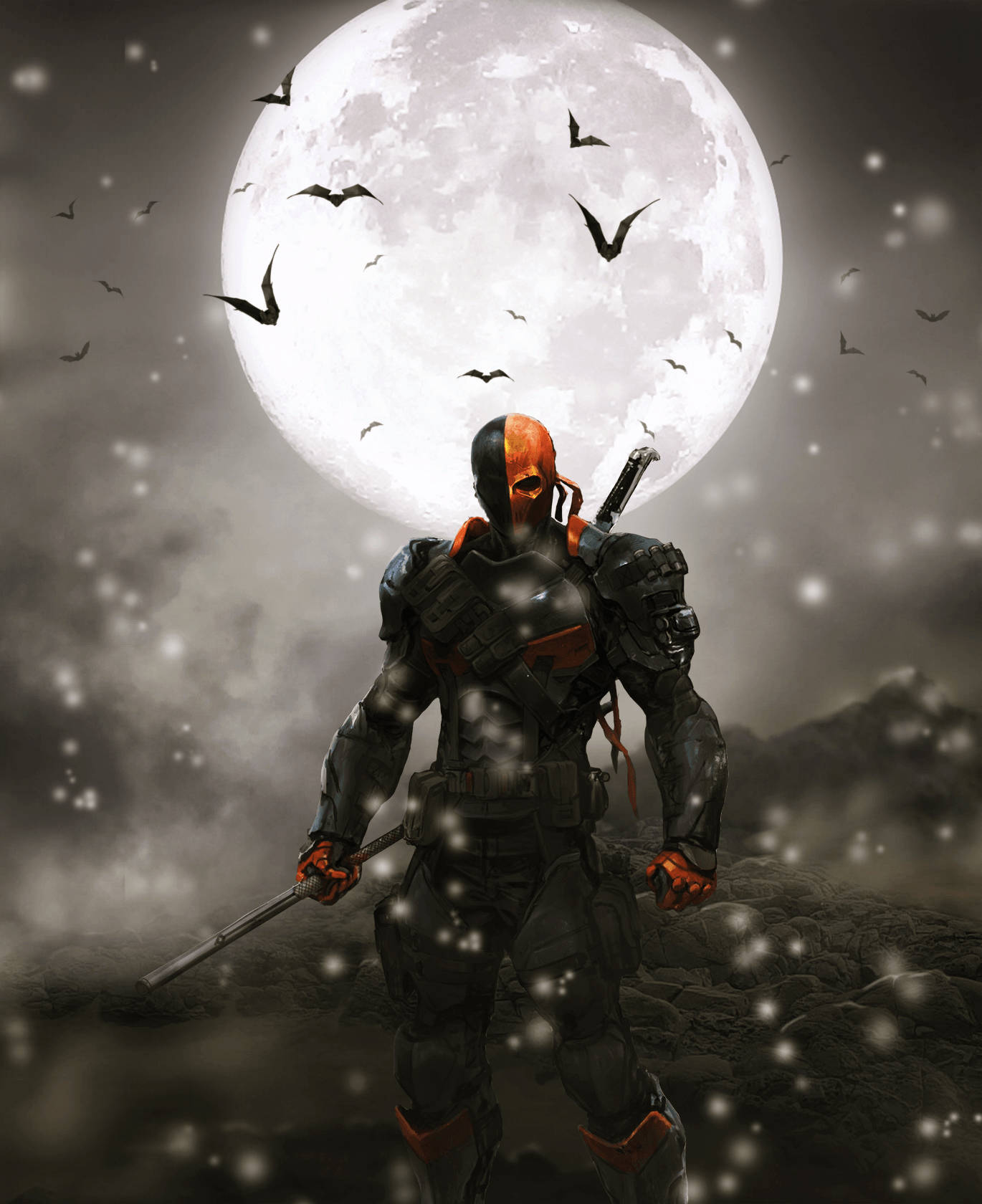 Ang nakakatakot na Deathstroke ay nag-aim sa gitna ng isang cosmic battlefield. Wallpaper