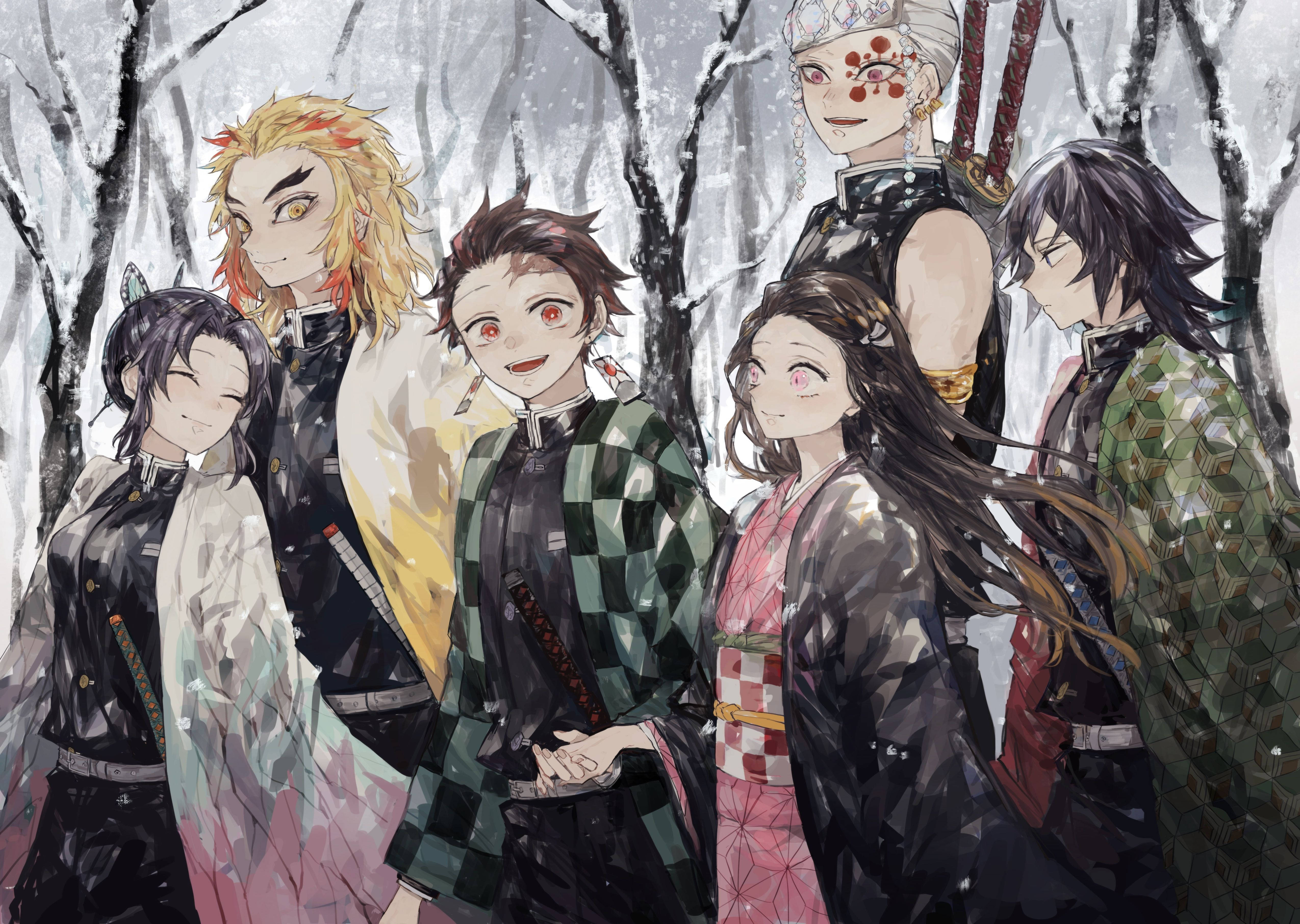 Ang Paglalakbay ng Magkapatid na Kamado sa Demon Slayer Corps Kasama ang Kanilang Hashira Wallpaper