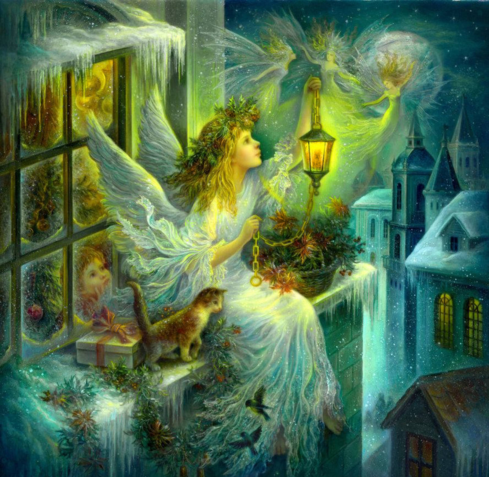 Anghel ng Pasko sa Maniyebeng Gabi Wallpaper