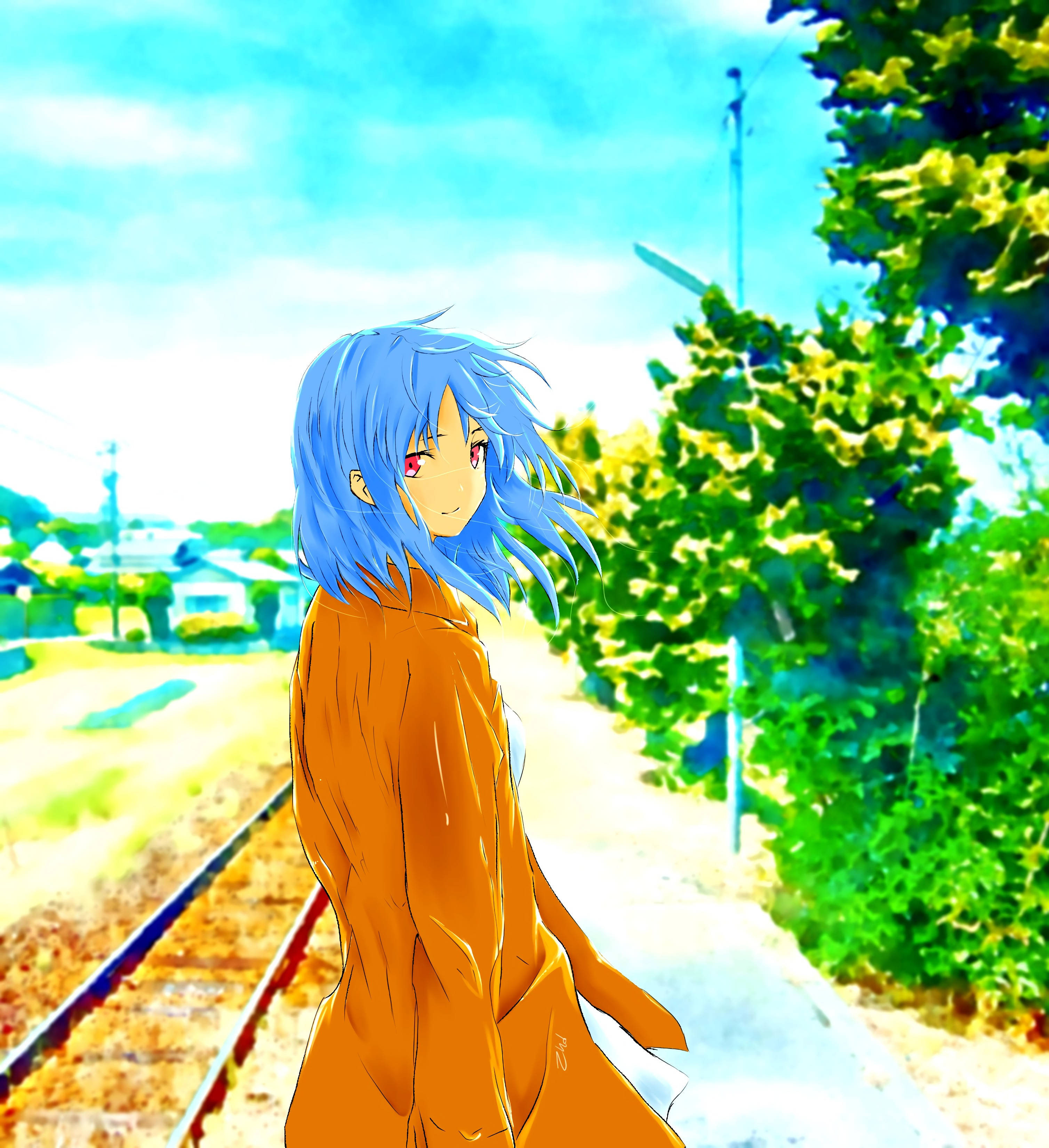 Anime Art Girl Malapit sa Riles ng Tren Wallpaper