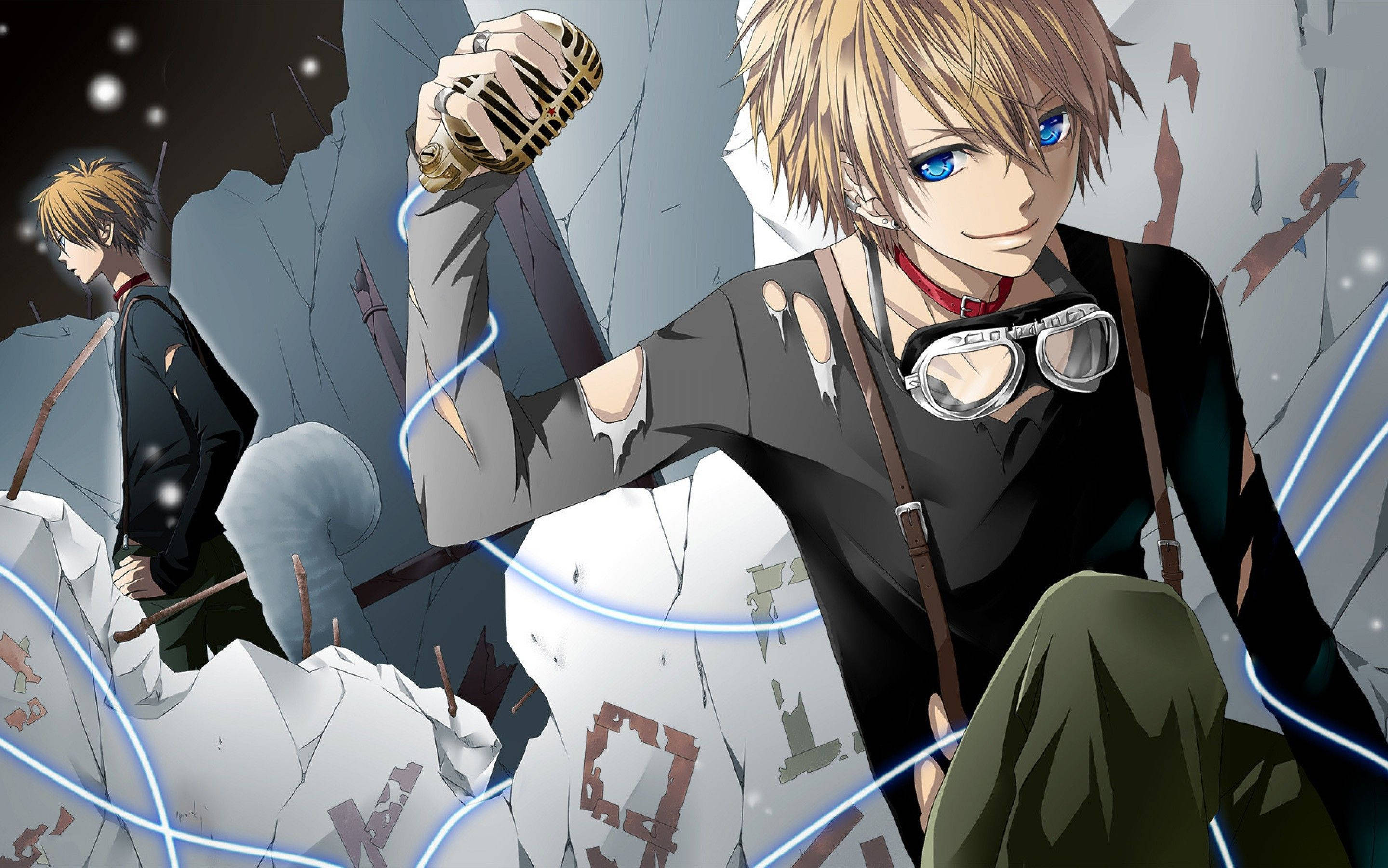 Anime Boy na Nakasuot ng Kasuotang Puppeteer na Nakikipaglaro sa Isang Chibi Mouse Wallpaper