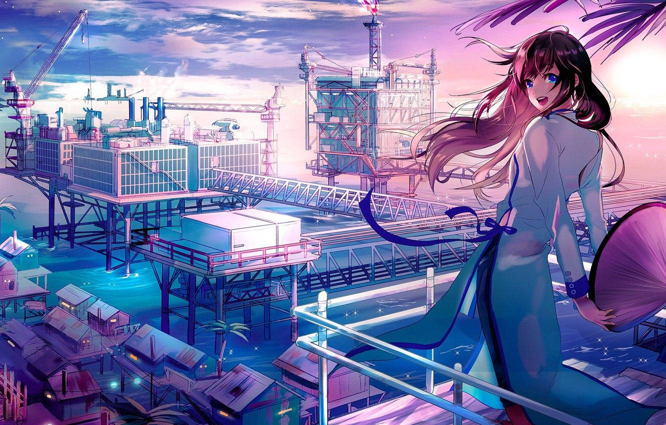 Anime City ng Hapon na May Batang Babae Wallpaper