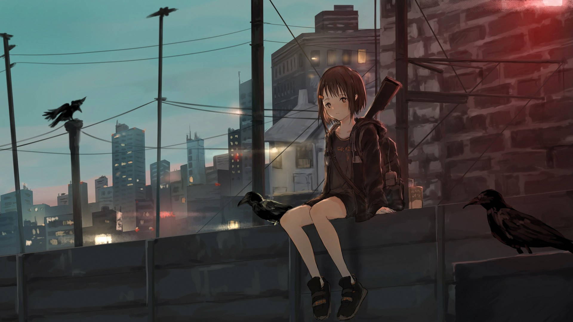 Anime Girl na Naka-Hoodie sa Kalye Wallpaper