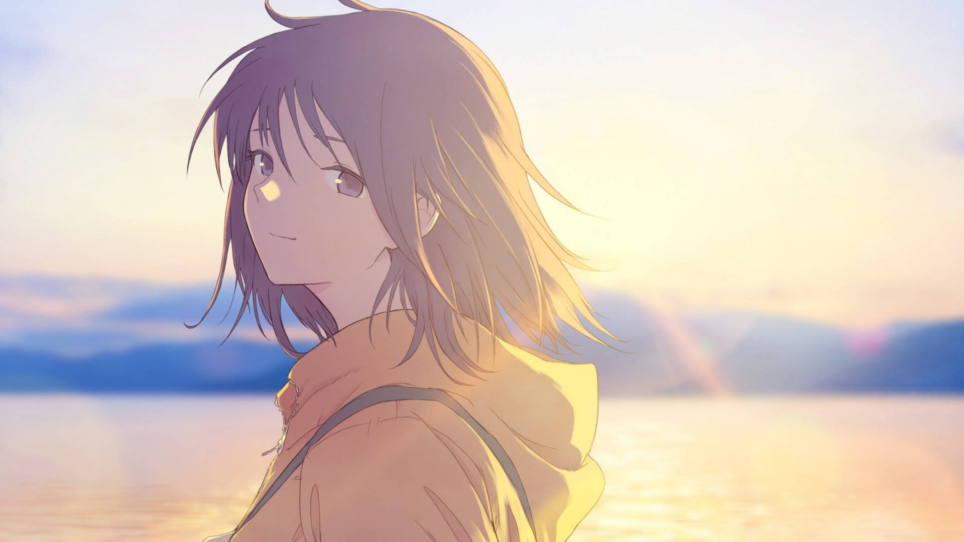 Anime Girl na Naka-Hoodie sa Paglubog ng Araw Wallpaper
