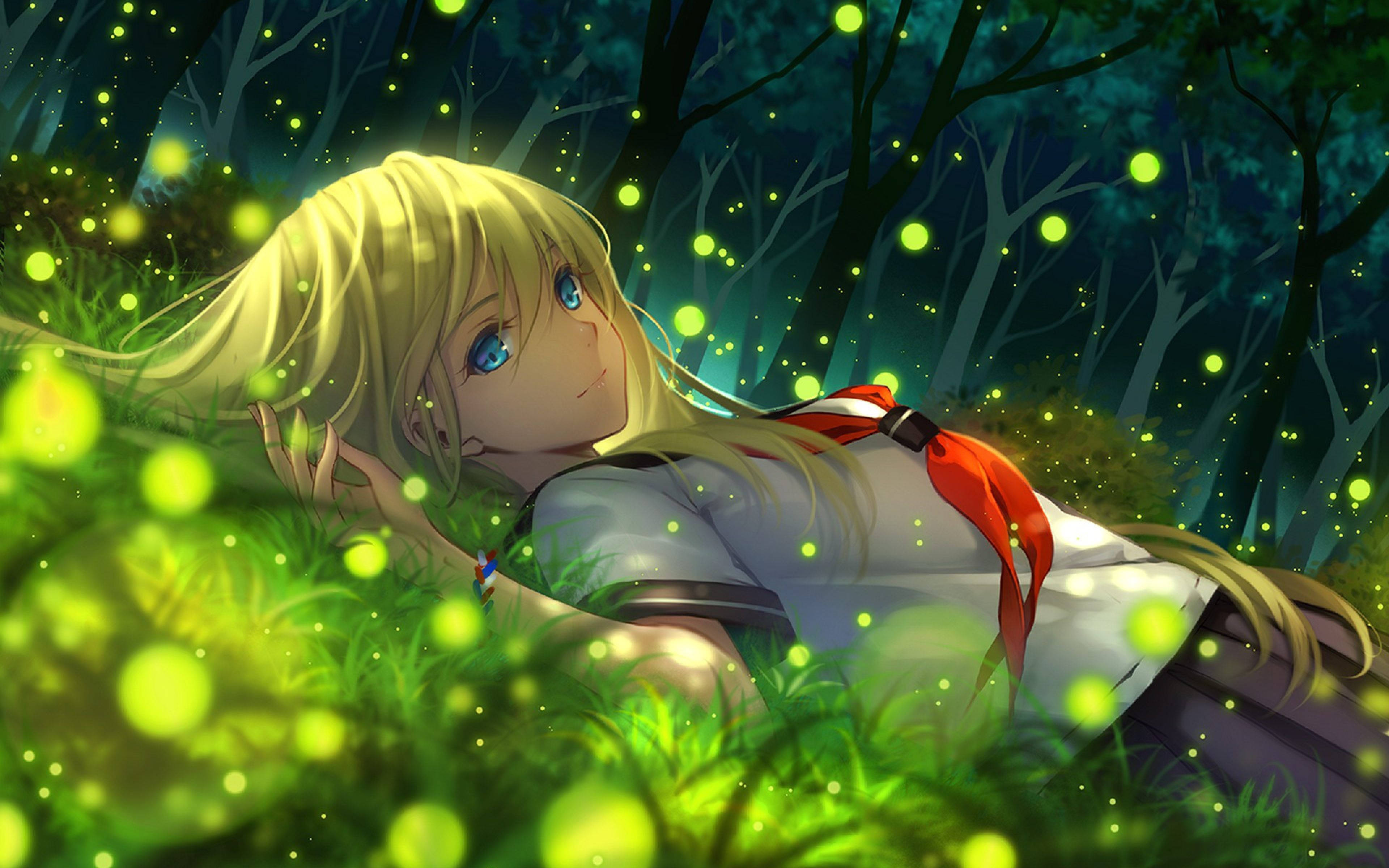 Anime Girl na Nakatayo sa Gitna ng Kumikinang na mga Orbs Wallpaper