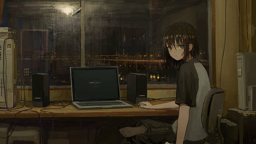 Anime Laptop Sa Tabing Tanawin ng Lungsod Wallpaper