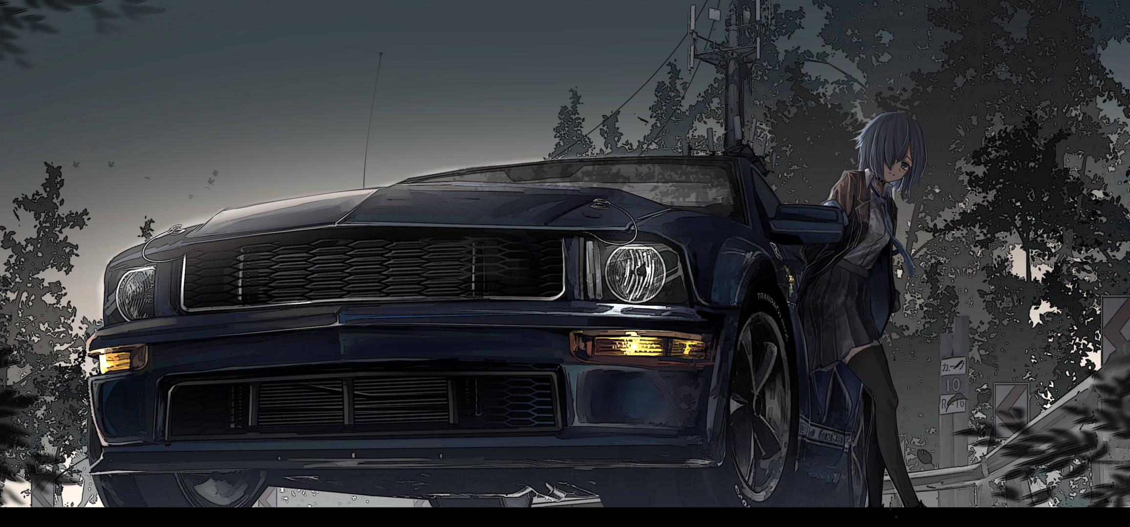 Anime na Babae Nakasandal sa Mustang na Kotse Wallpaper