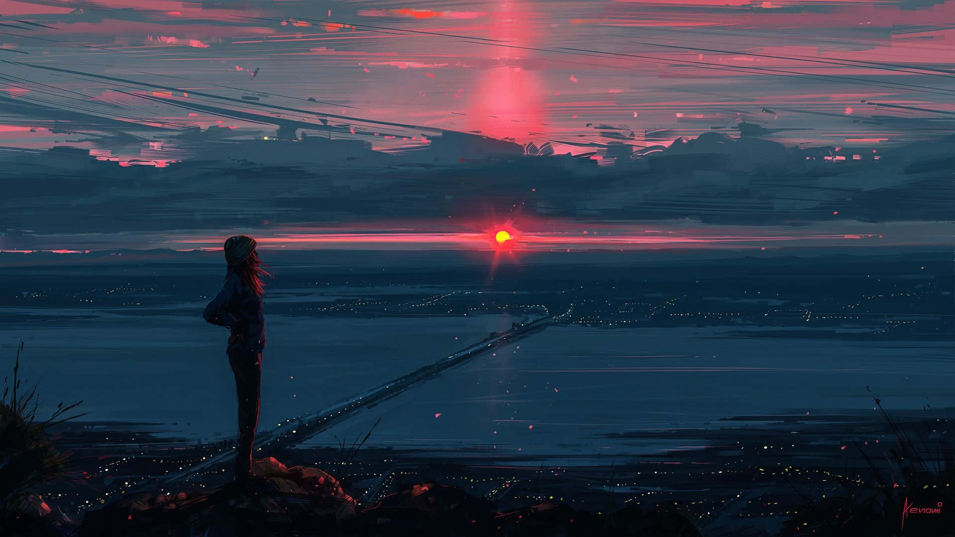Anime na Babae na Nakatingin sa Lungsod sa Paglubog ng Araw mula sa Bangin Wallpaper
