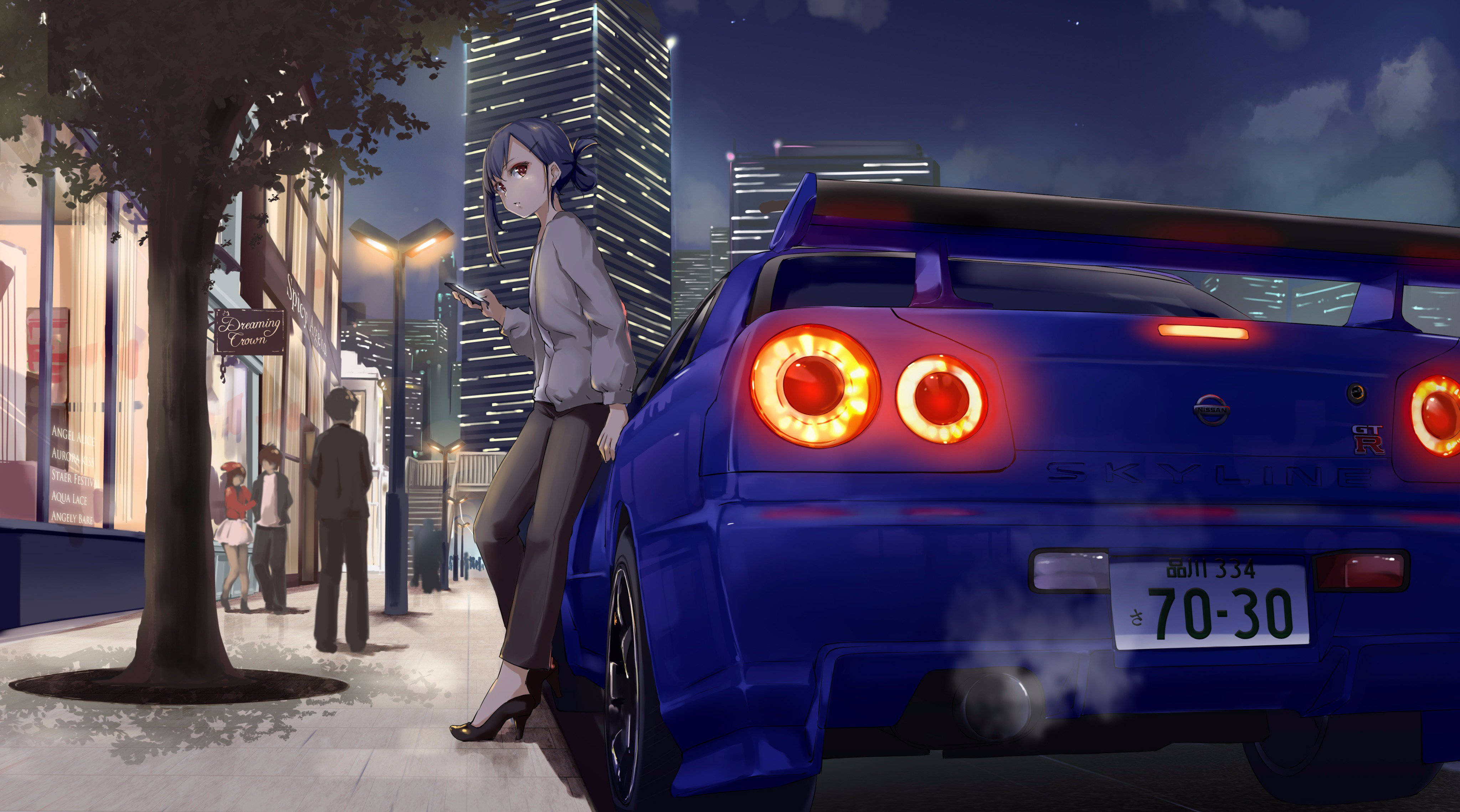 Anime na Babae Nakasandal sa Nissan Skyline na Kotse Wallpaper