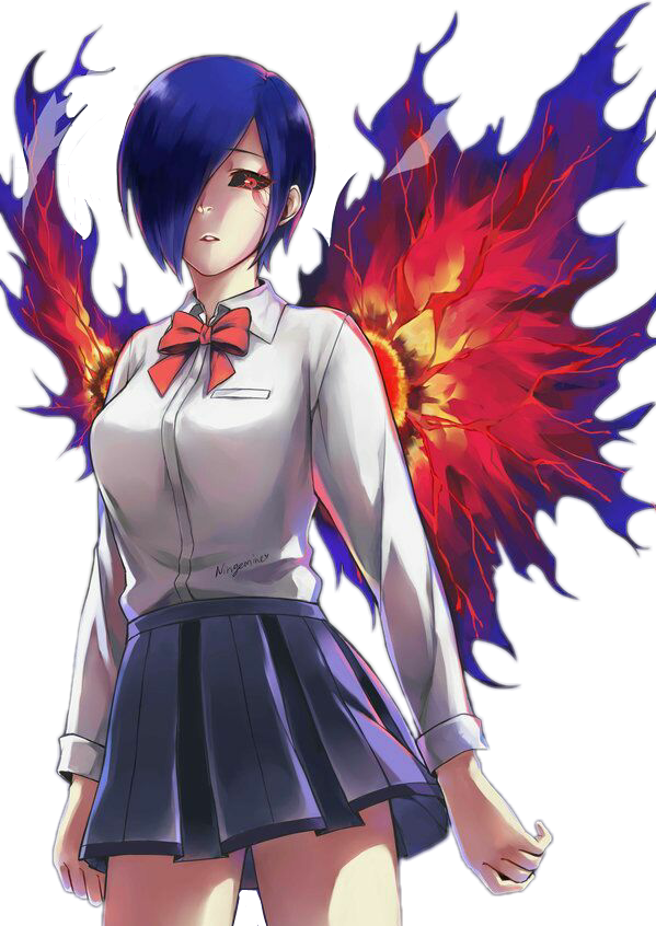 Anime na Babae na may Asul na Buhok at Nag-aapoy na Pakpak Wallpaper