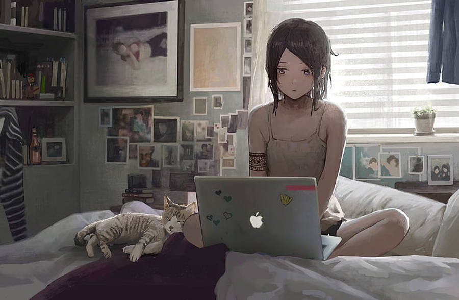 Anime na Babae Nagtatrabaho Gamit ang Laptop sa Kama Wallpaper