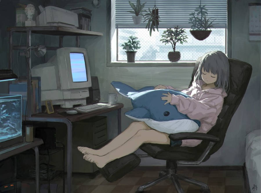 Anime na Babae Natutulog sa Harap ng Laptop Wallpaper