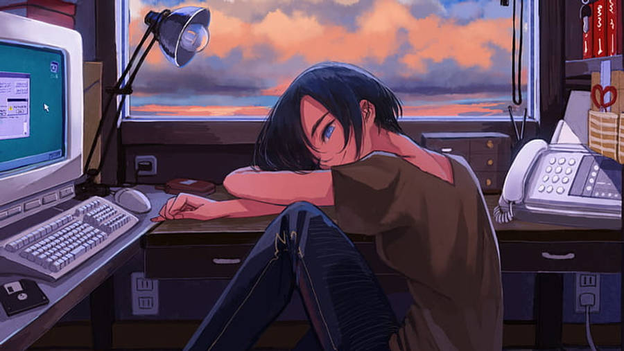 Anime na Babae Pagod sa Harap ng Laptop Wallpaper