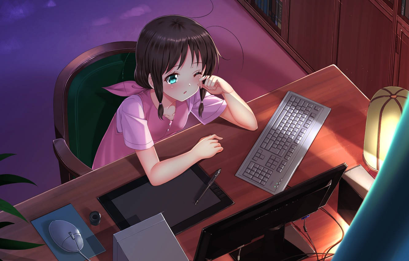 Anime na Babae Pinipigil ang Antok sa Harap ng Laptop Wallpaper