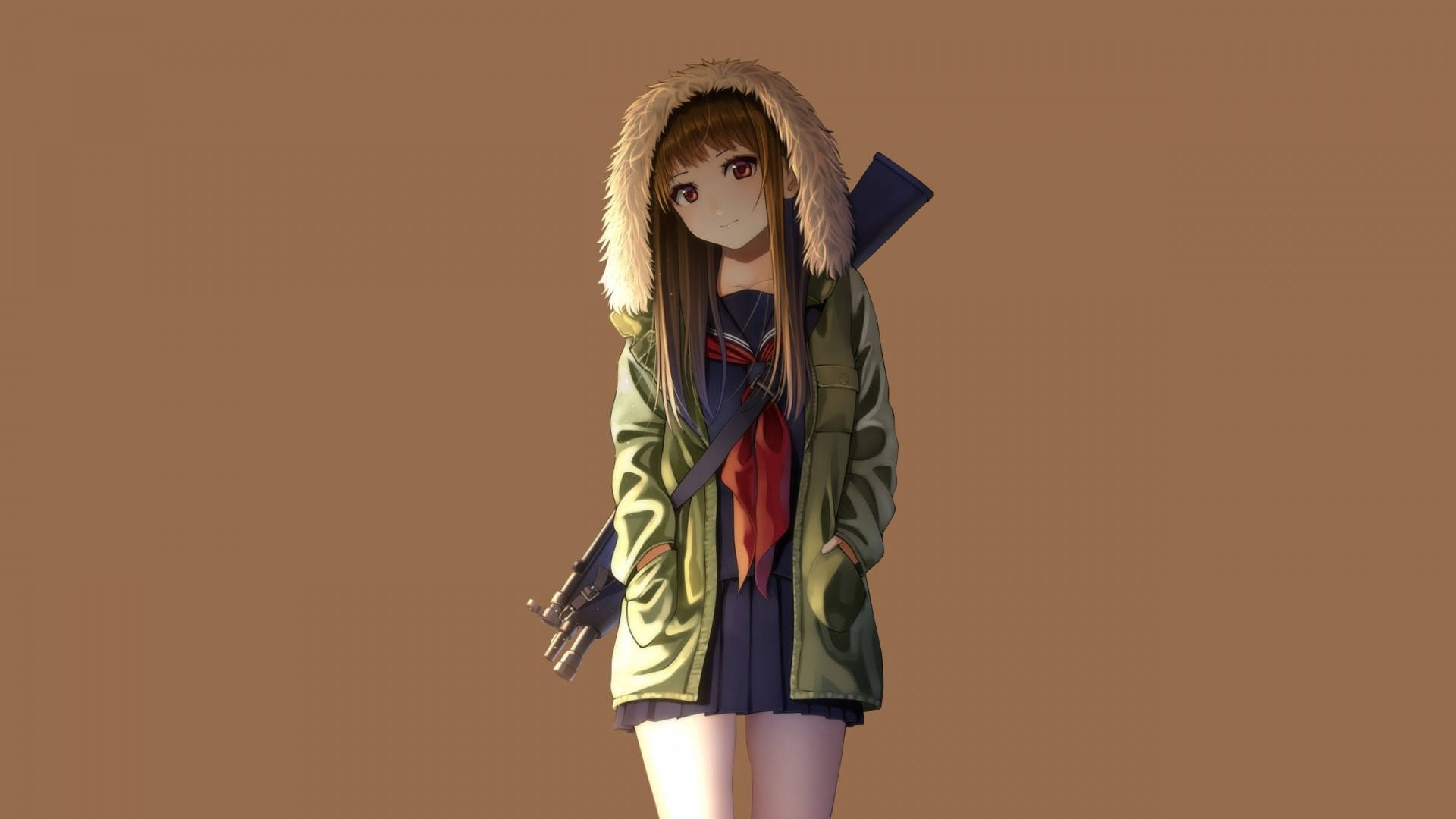 Anime na Babaeng Naka-hoodie na May Baril Wallpaper