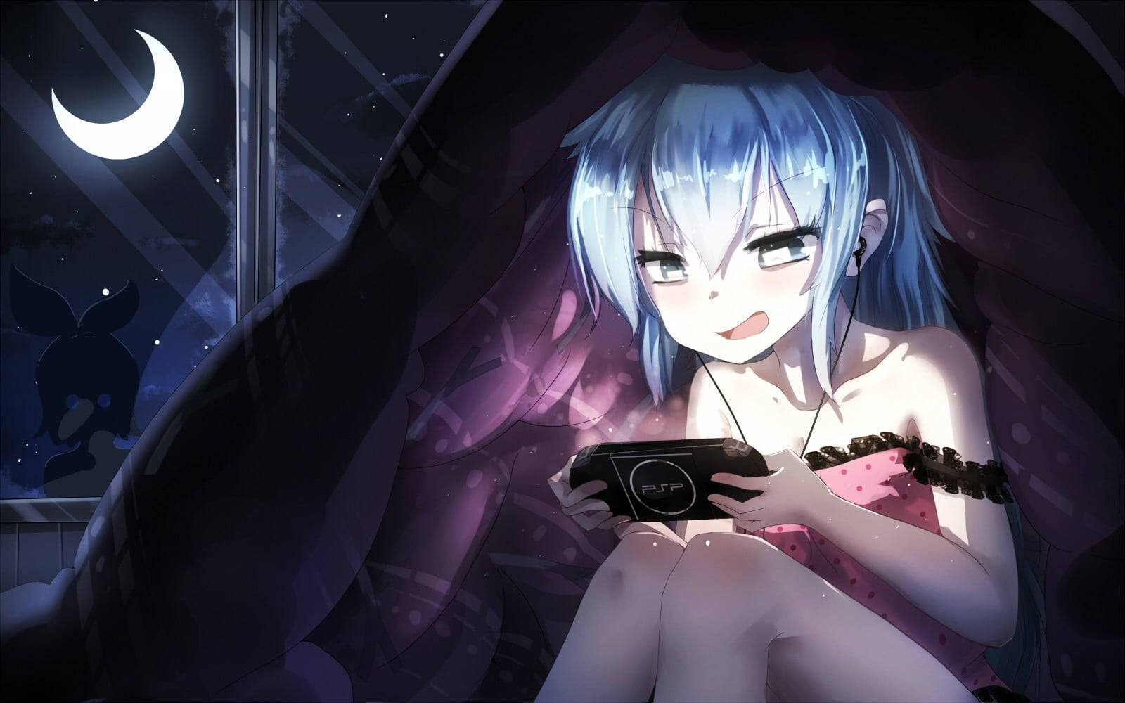 Anime na Babaeng Naglalaro ng PSP sa Gabi Wallpaper