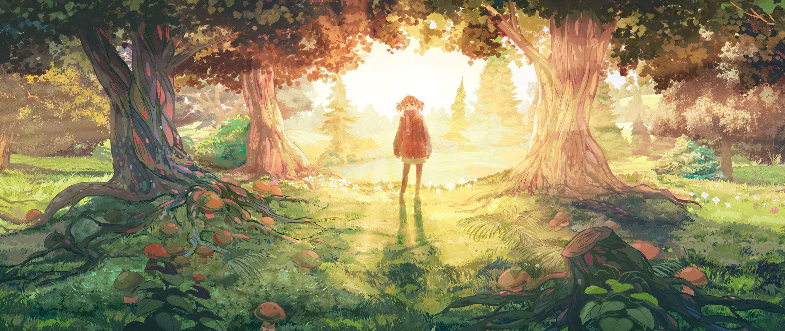 Anime na babayi ay nagtatamasa ng katahimikan ng gubat Wallpaper