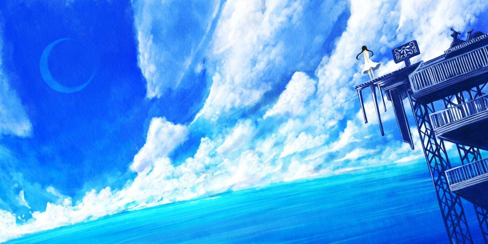 Anime na Bughaw na Babaeng Nakatingin sa Dagat Wallpaper