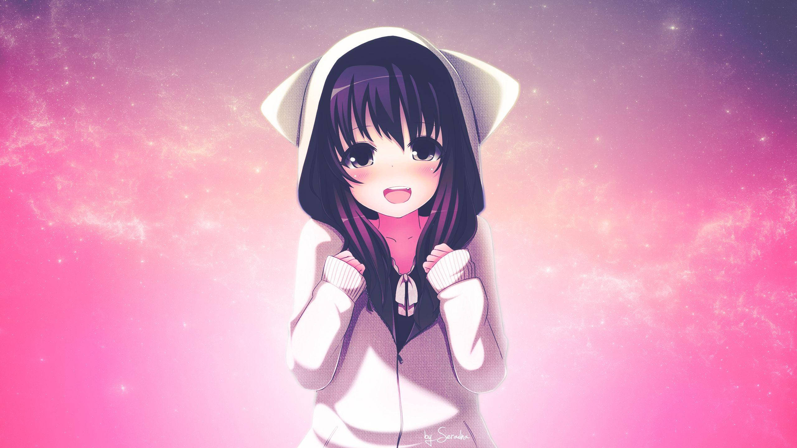 Anime na Cute na Babae na may Hoodie Wallpaper