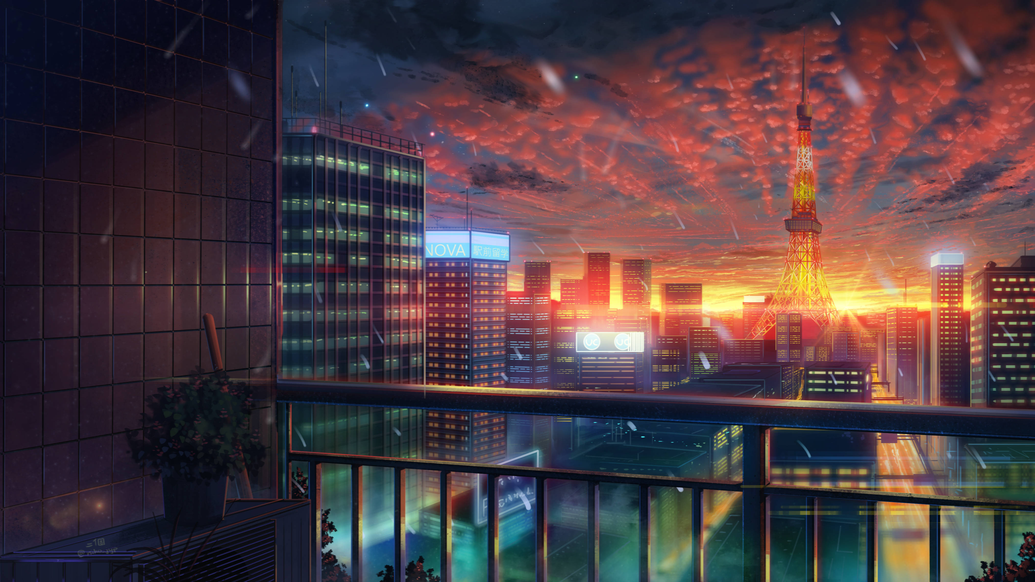 Anime ng mga Gusali sa Lungsod sa Paglubog ng Araw 4K Wallpaper