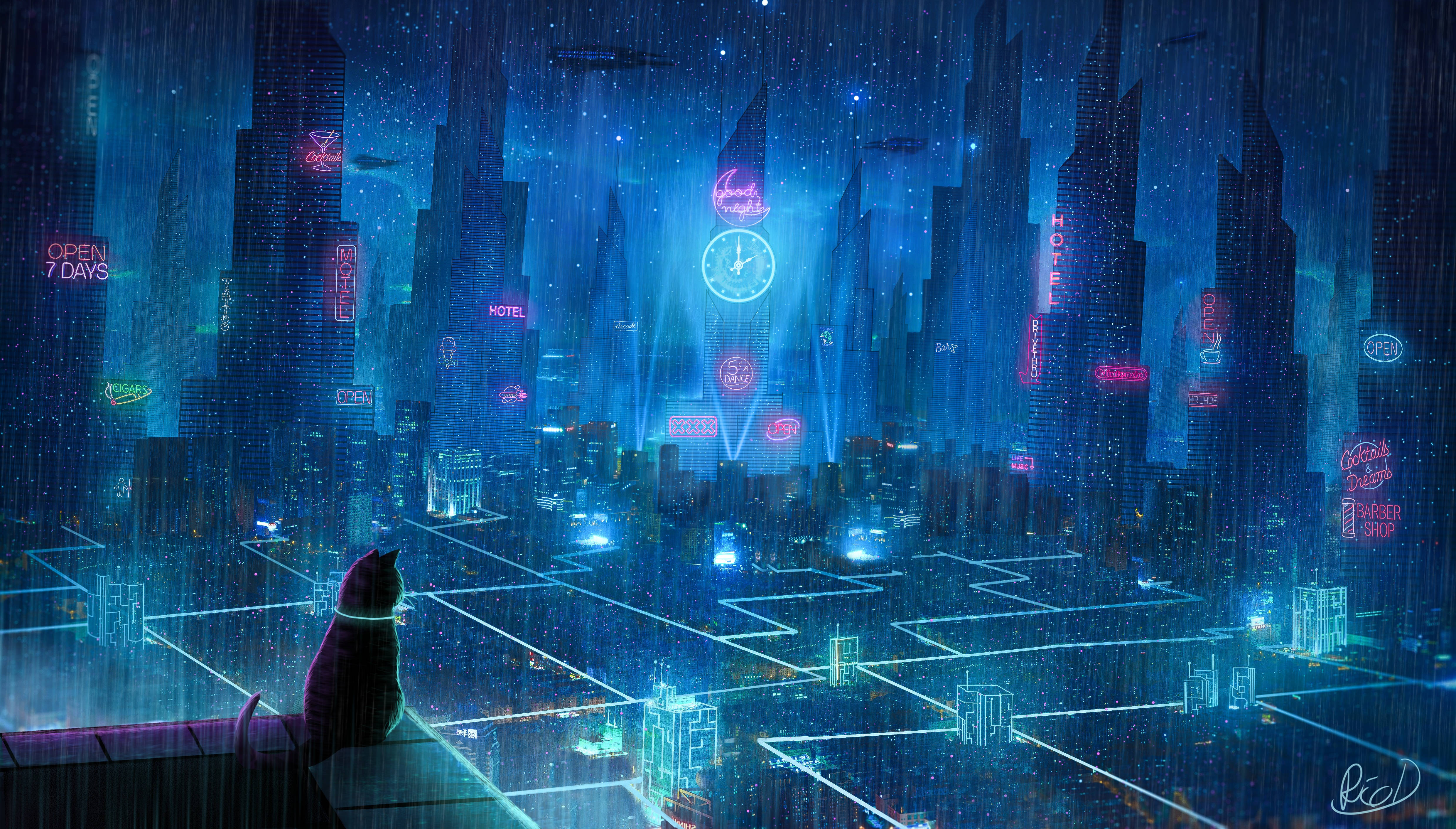 Anime Night City Buildings 4K Wallpaper