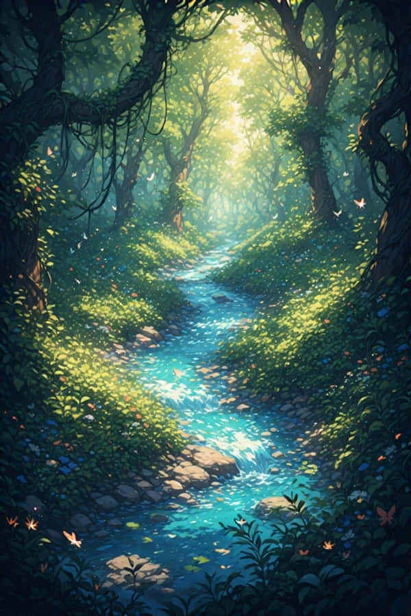 Anime Ilog sa Luntiang Kagubatan na Masigla 4K Wallpaper