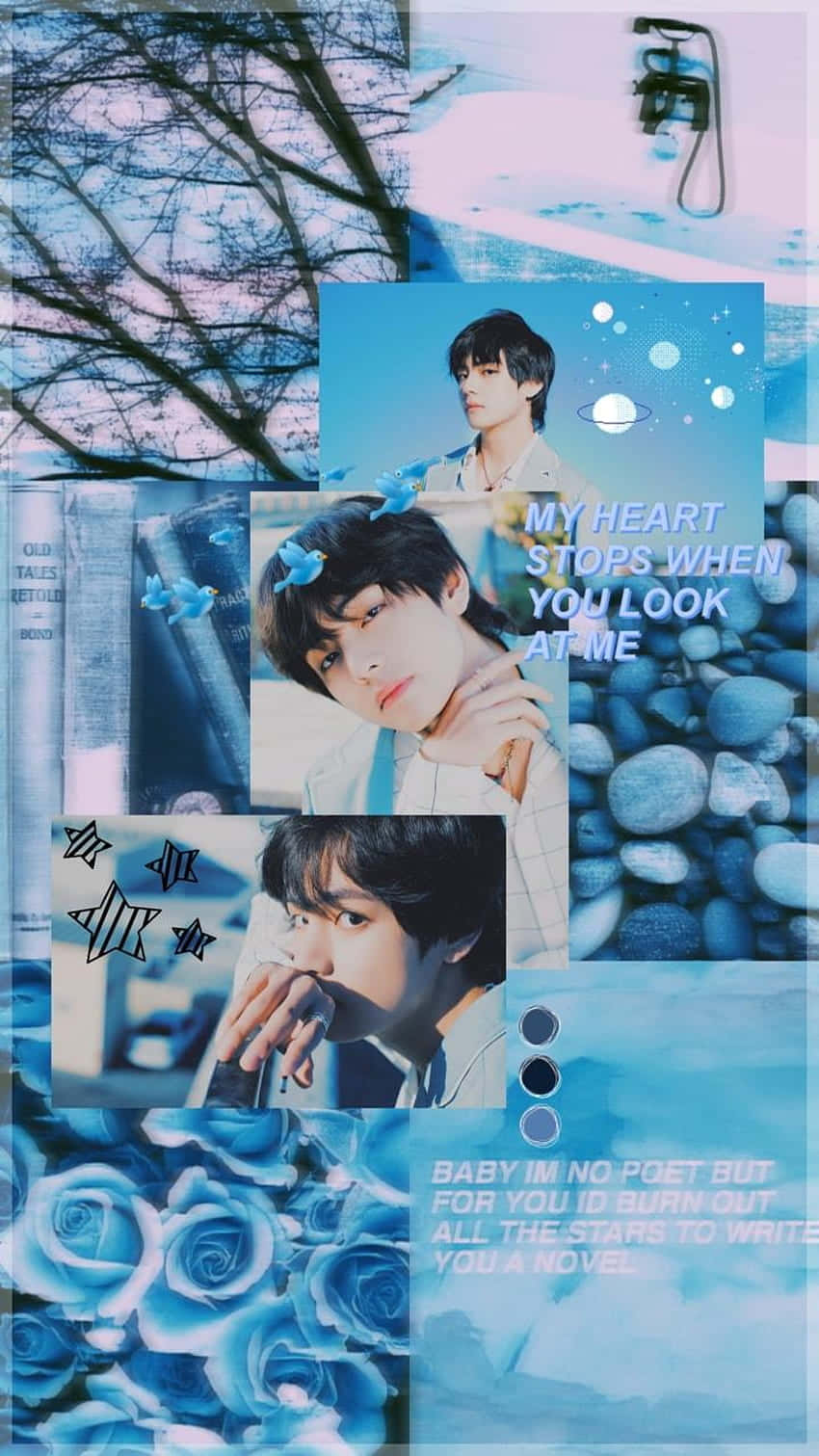Asul na Aesthetic na Background kasama si Kim Tae-hyung Wallpaper