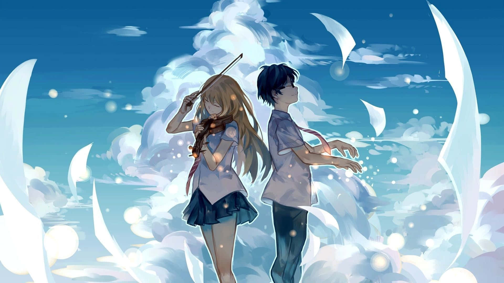Asul na Anime Aesthetic Desktop na Cute na Magkasintahan sa Kalangitan Wallpaper