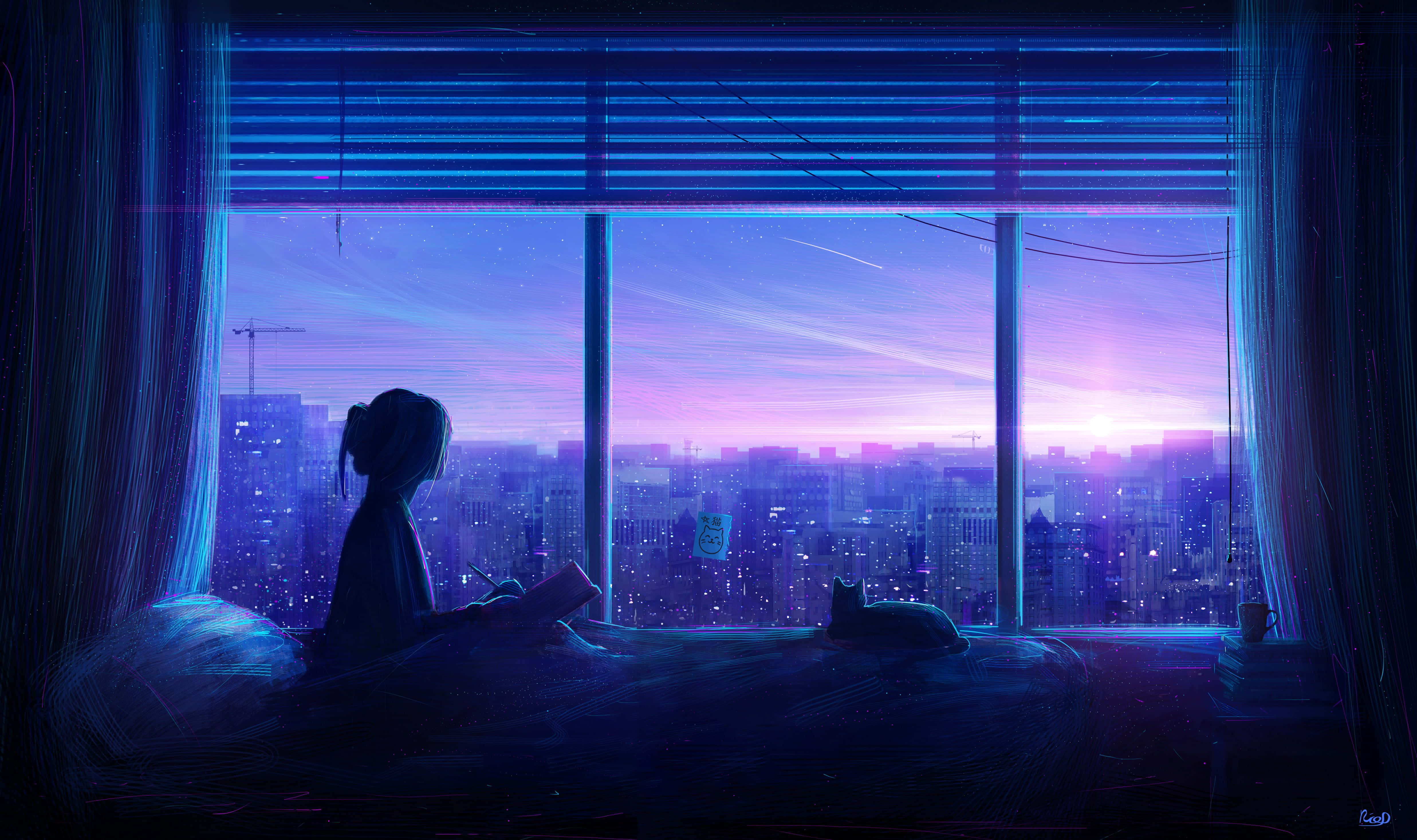 Asul na Anime Girl Aesthetic Sa Malapad na Bintana sa Paglubog ng Araw Wallpaper