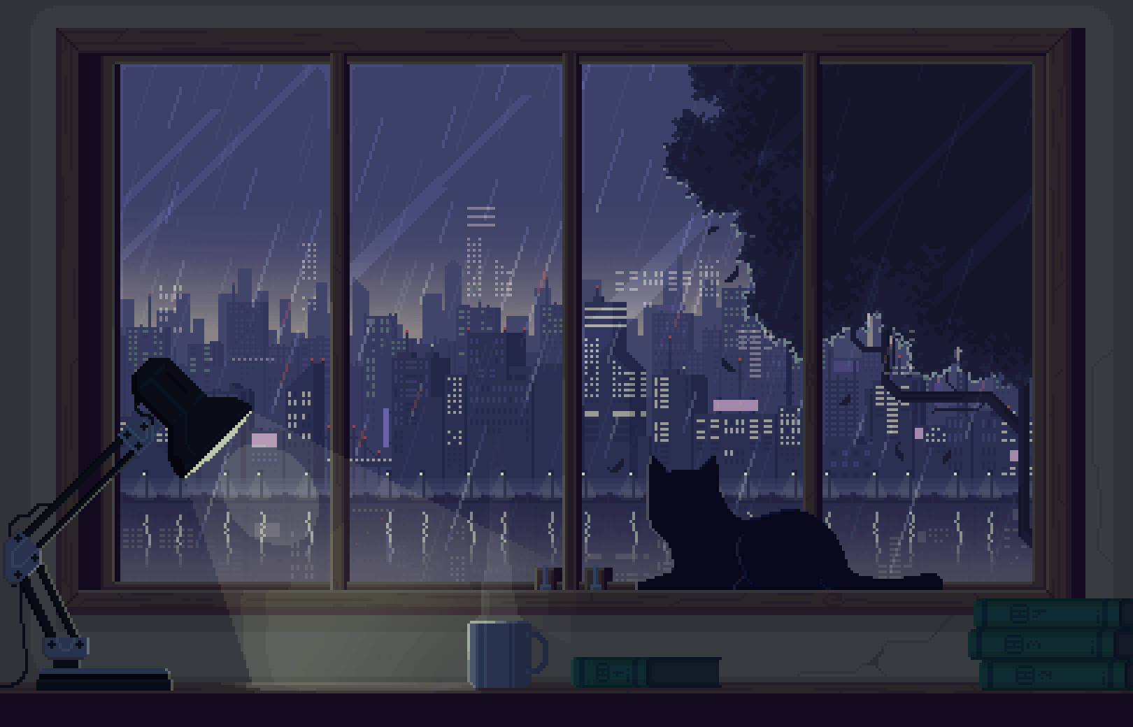 Asul na Anime Silhouette na Pusa Aesthetic Wallpaper