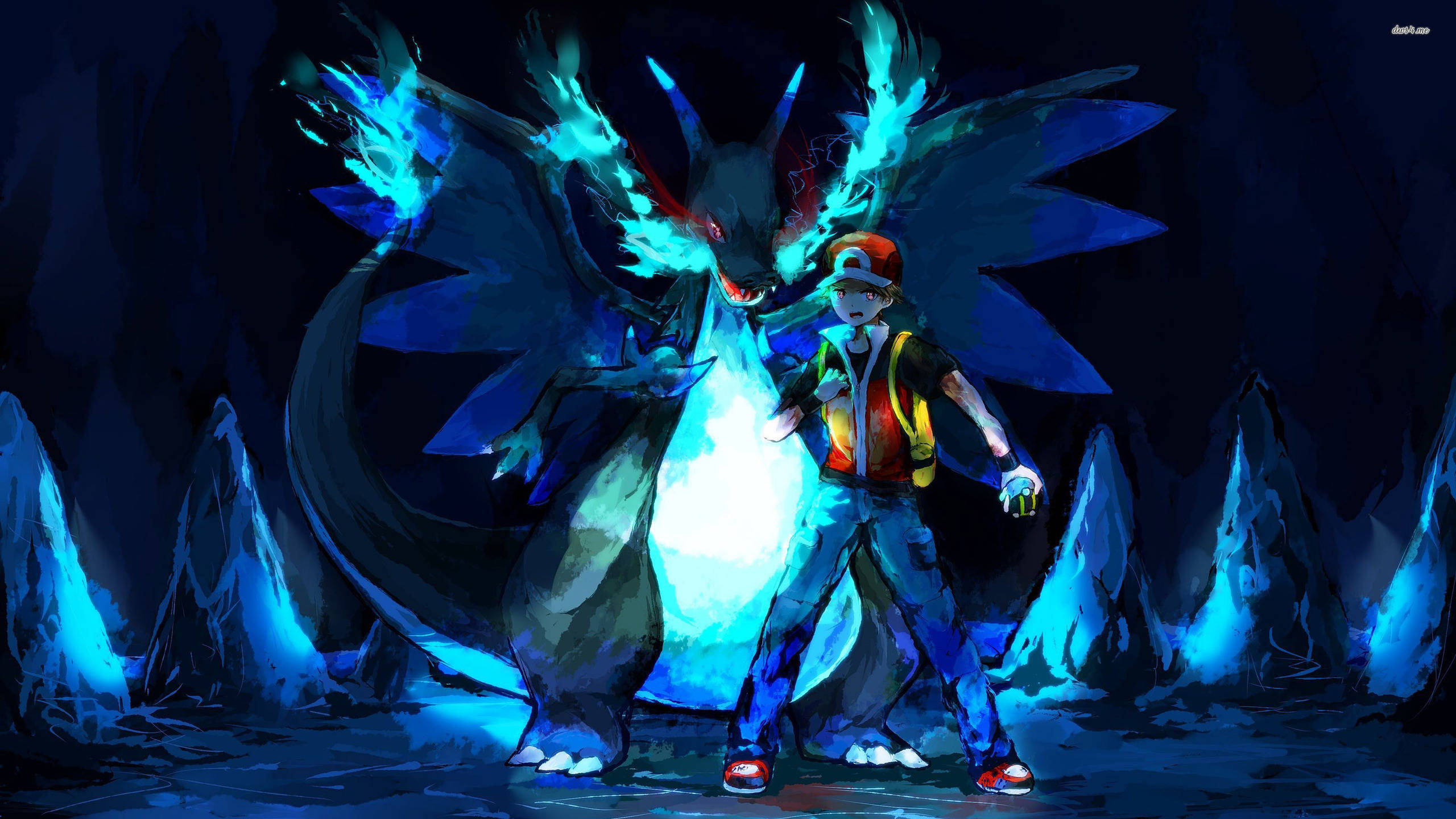 Asul na Charizard na Astig na Pokemon Kasama si Ash Wallpaper