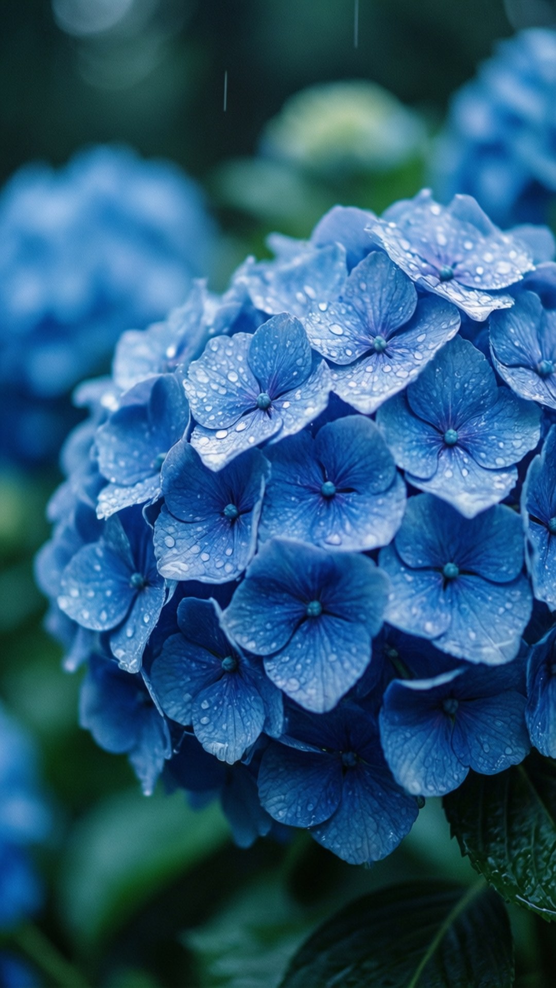 Asul na Hydrangea sa Ulan Wallpaper
