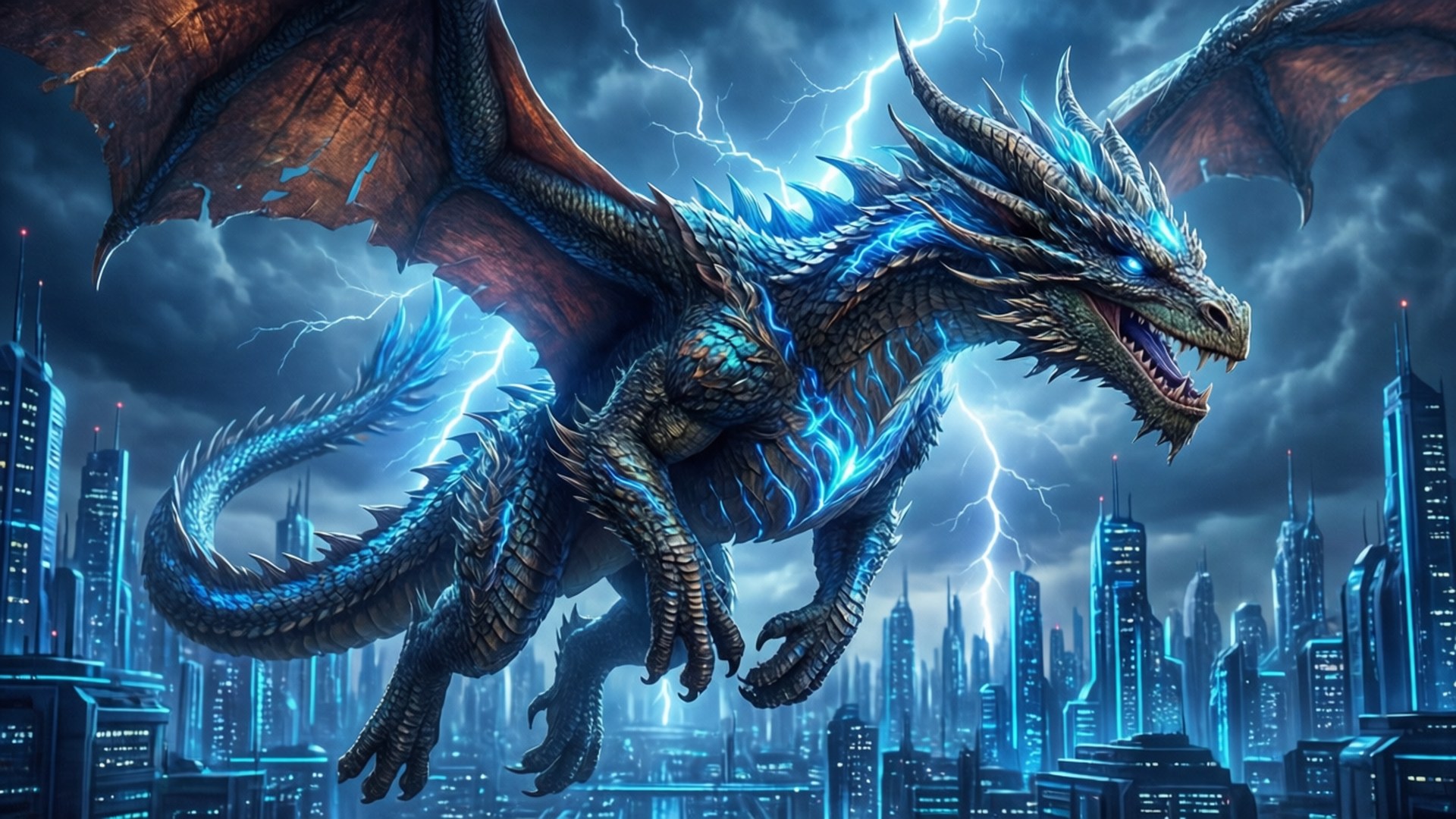 Asul na Neon na Dragon sa Ibabaw ng Lungsod Wallpaper