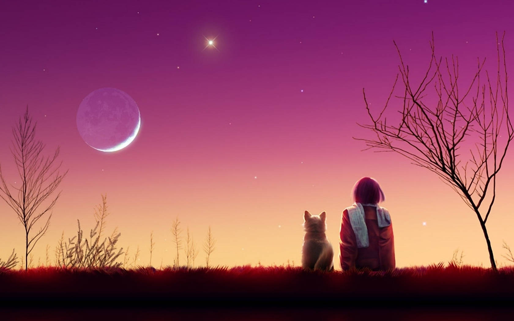 Babae at Pusa Anime Aesthetic Paglubog ng Araw Wallpaper