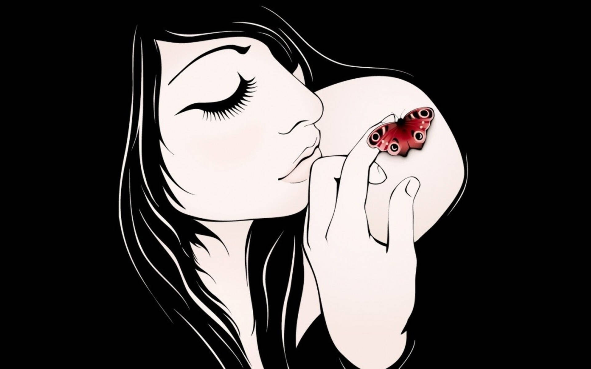 Babae na may Butterfly Art Drawing Wallpaper