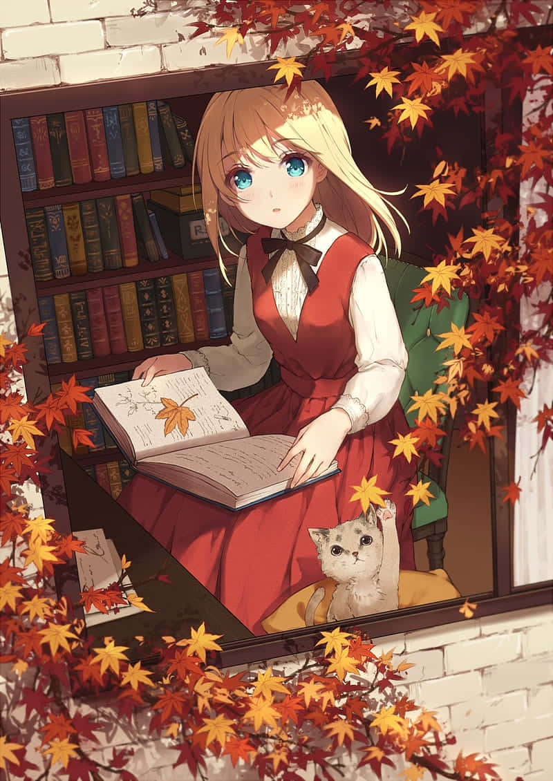 Babae na May Pusa at Dahon ng Maple sa Taglagas Anime Wallpaper