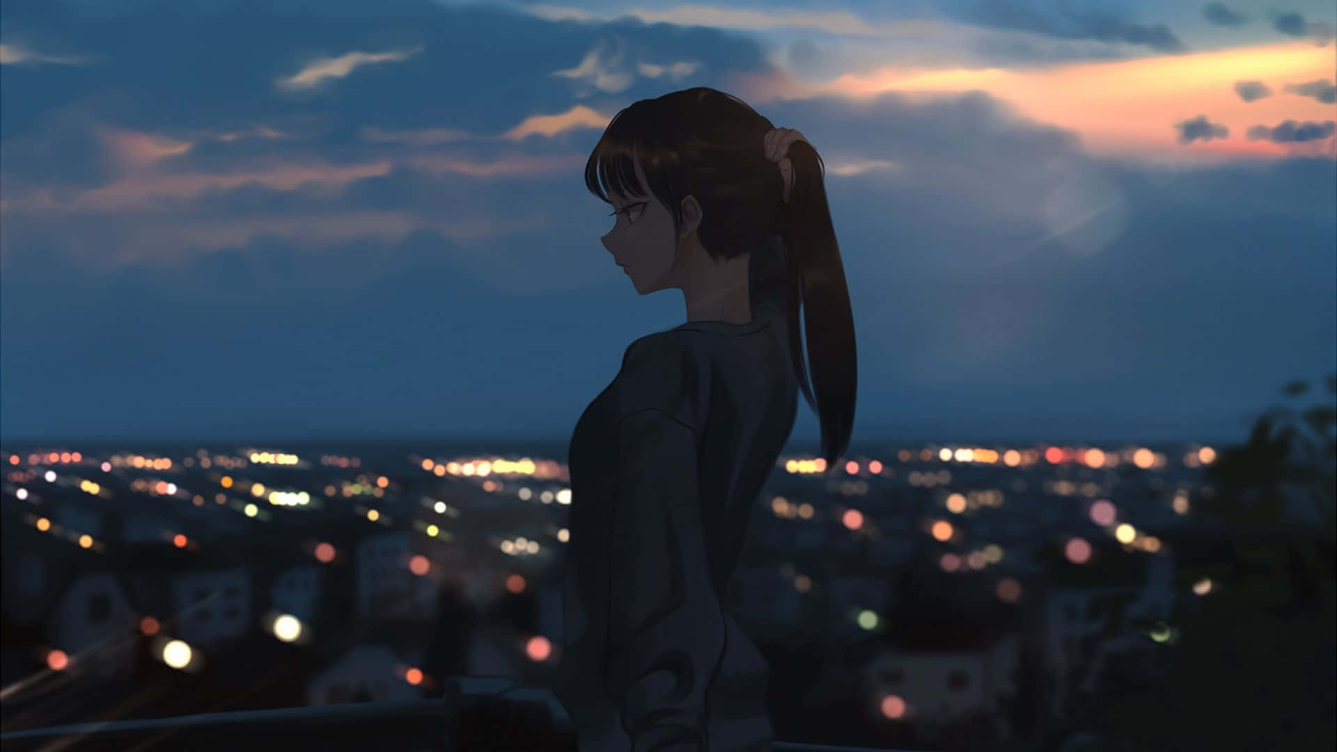Babae na Nakatanaw sa Tanawin ng Anime City sa Gabi Wallpaper