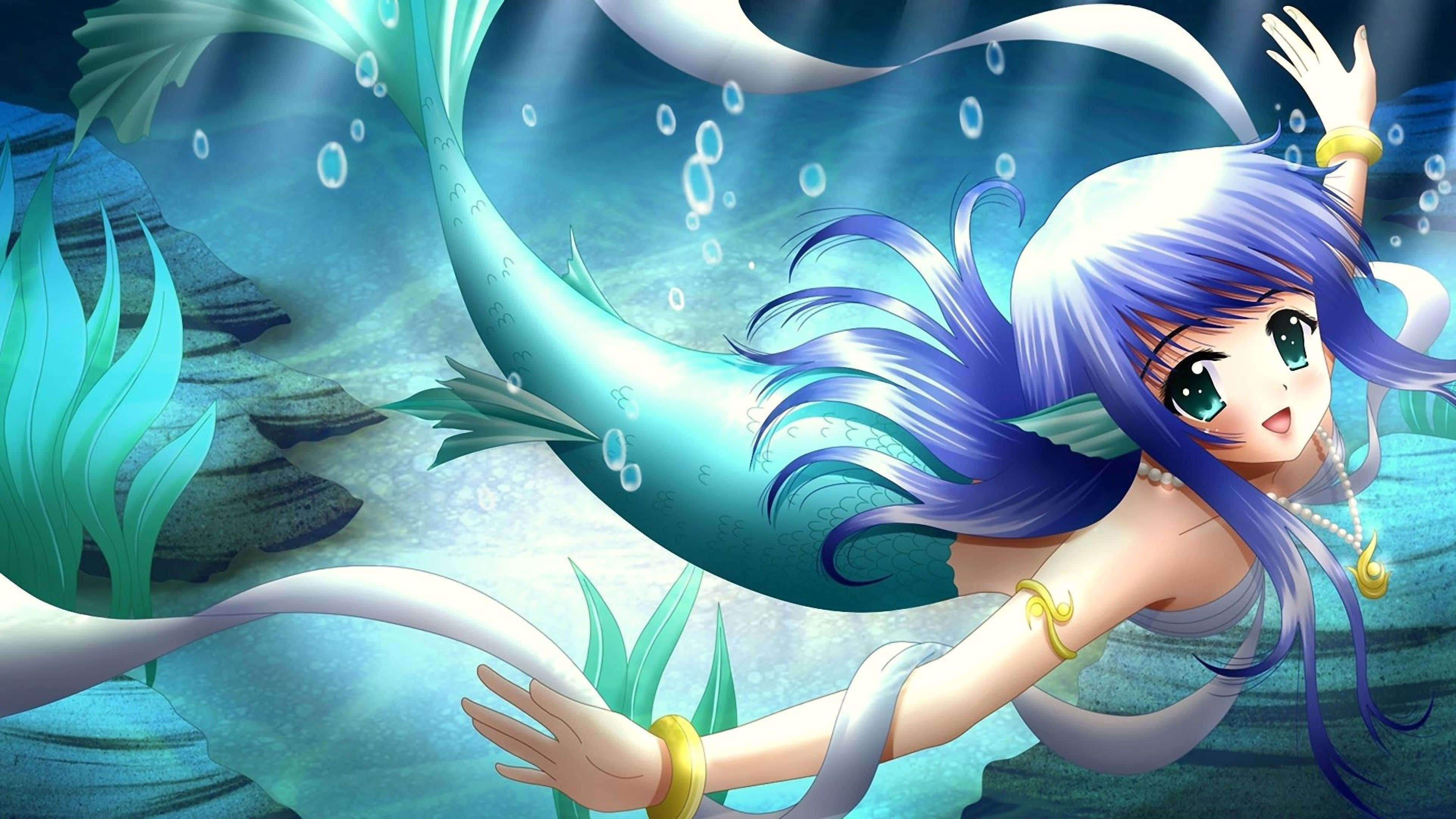 Babae na Sirena na Anime na Violet ang Buhok Wallpaper