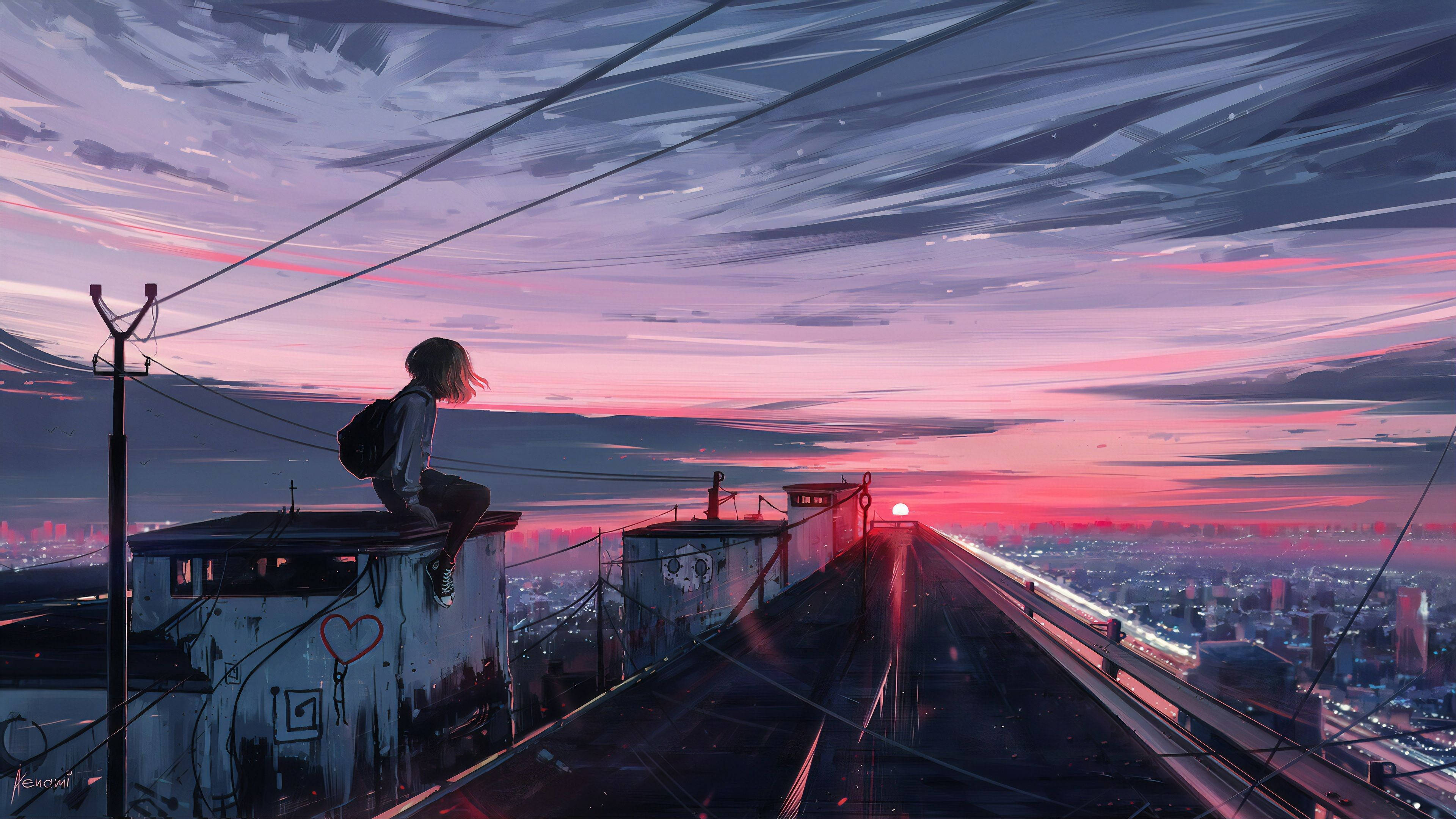 Babae sa Bubong Anime Aesthetic Paglubog ng Araw Wallpaper