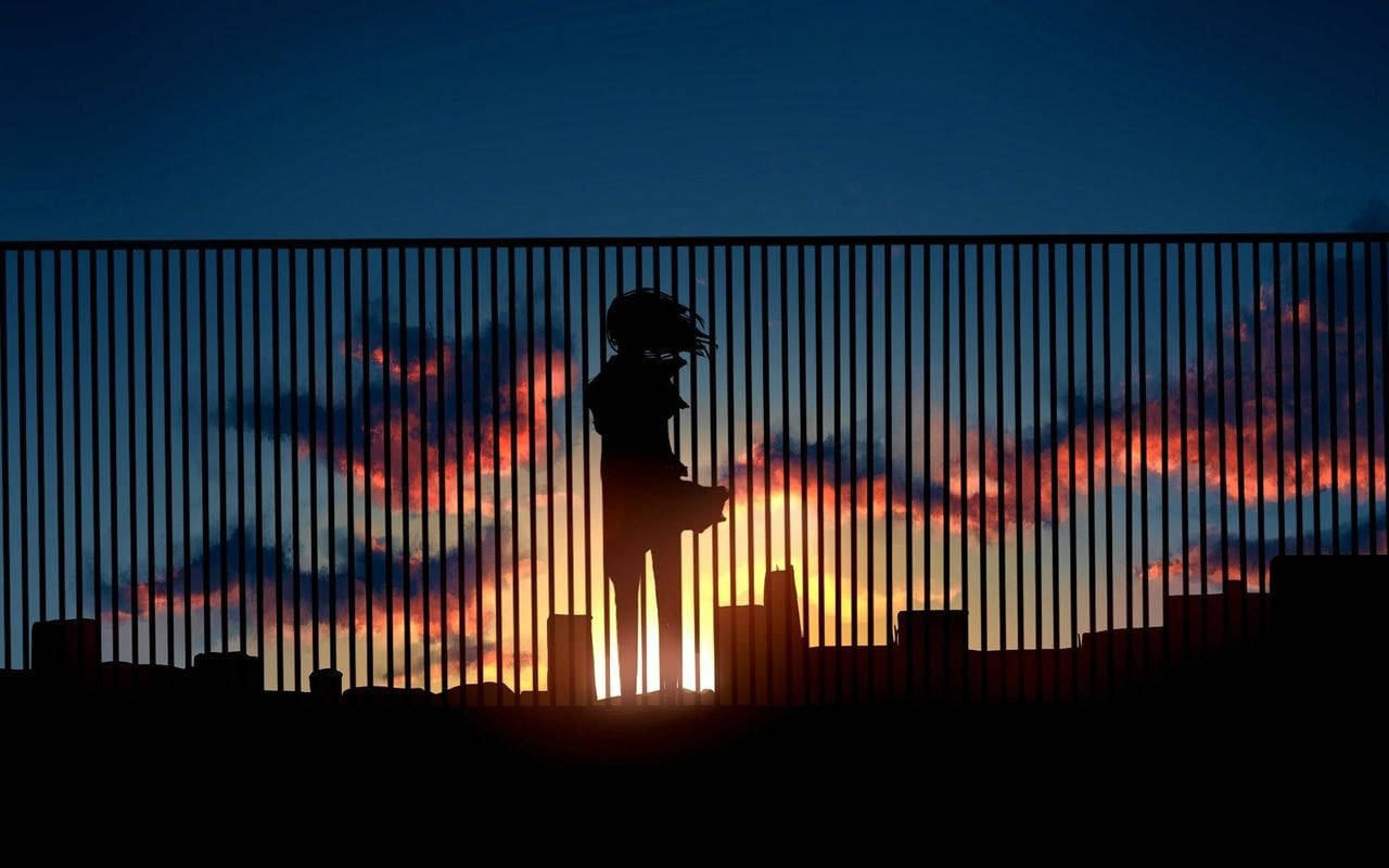 Babae sa Bubong na May Rehas Anime Aesthetic Sunset Wallpaper