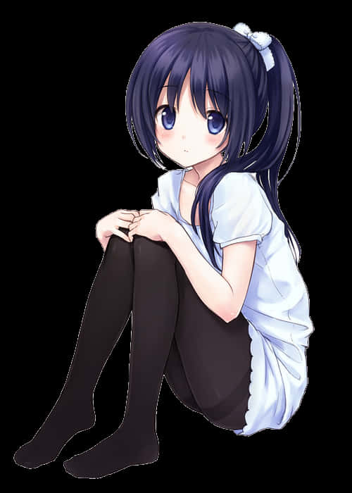 Babaeng Anime na May Asul na Buhok na Nakaupo Wallpaper