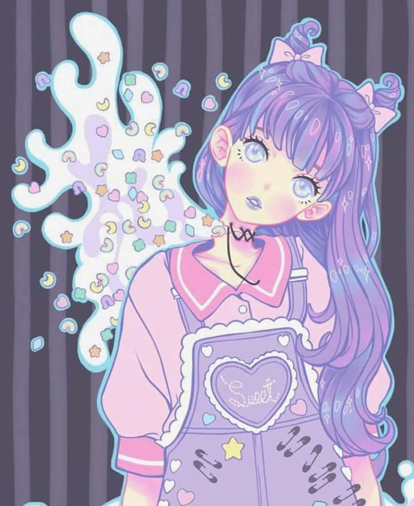 Babaeng Anime na Pastel Goth na Nakasuot ng Overalls Wallpaper