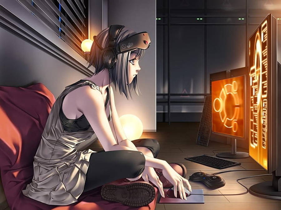 Babaeng Anime na Nakatingin Malapit sa Screen ng Laptop Wallpaper