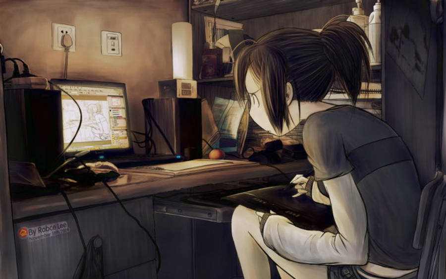 Babaeng Anime Nalilito sa Harap ng Laptop Wallpaper
