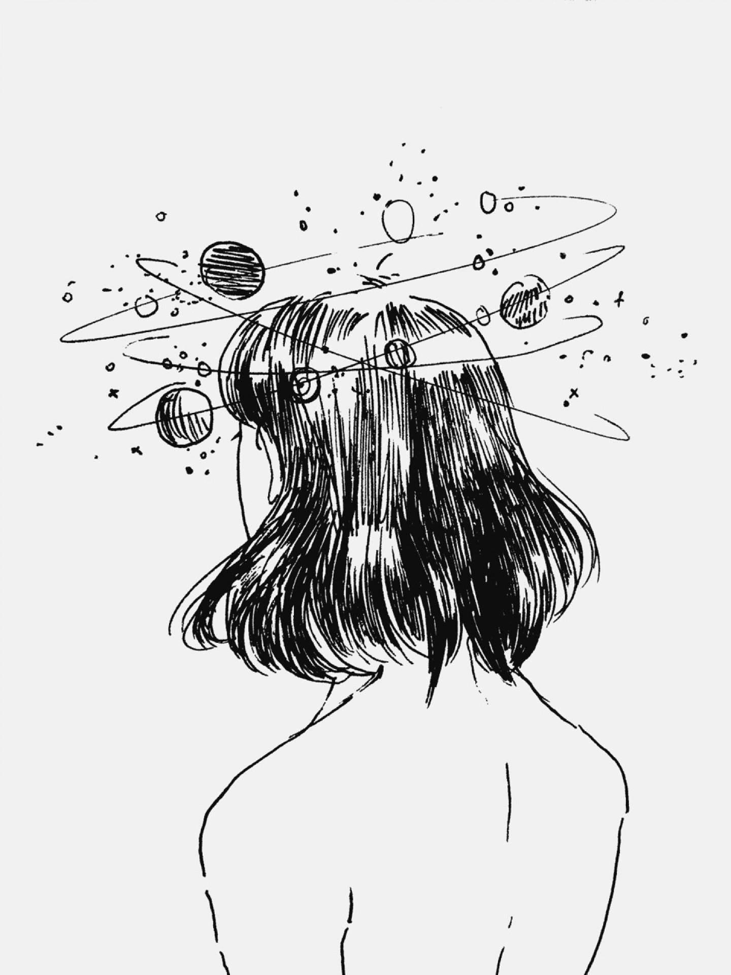 Babaeng May Mga Planeta na Umikot sa Kanyang Ulo na Aesthetic Sketches Wallpaper