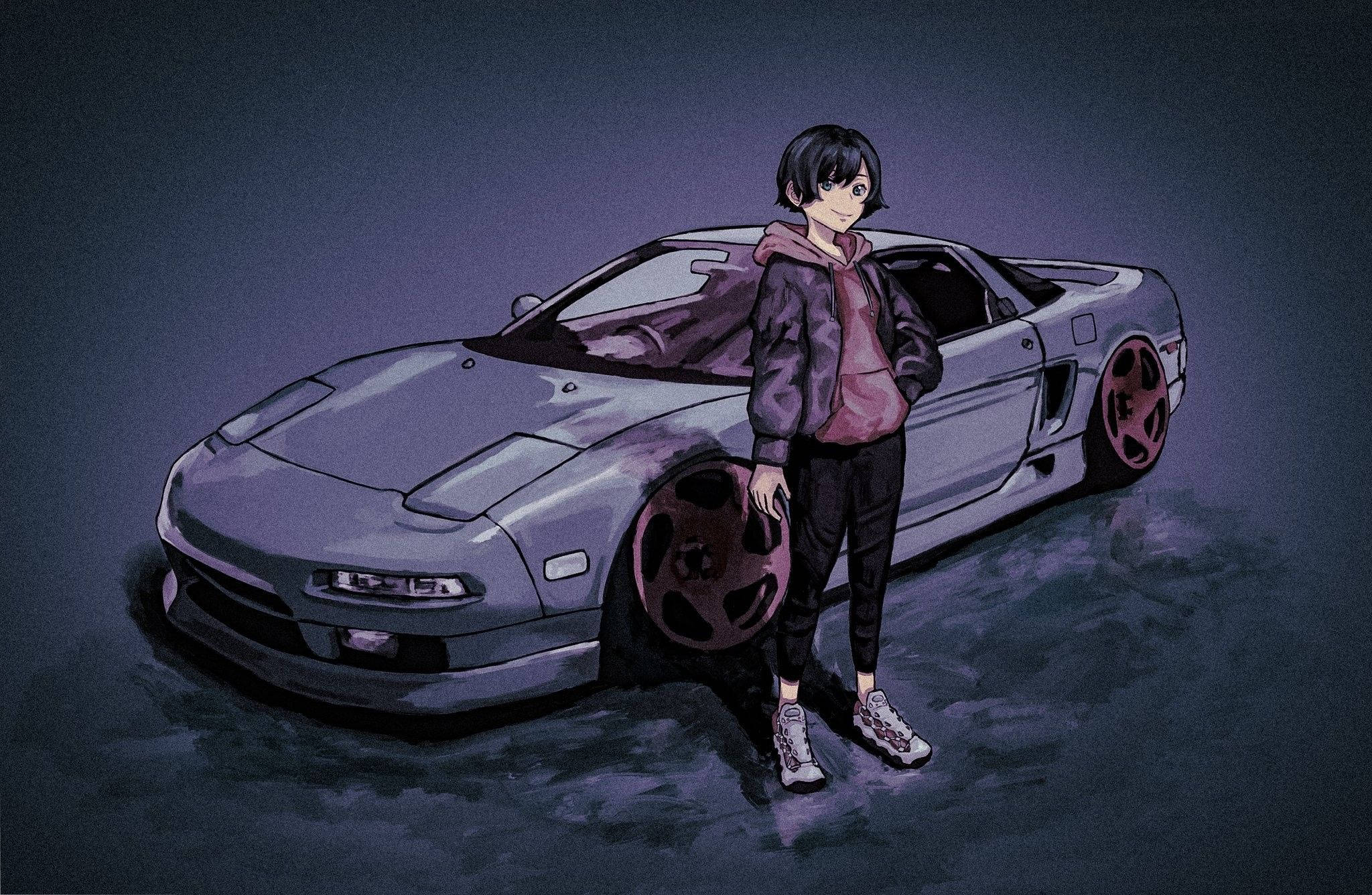 Babaeng Naka-hoodie Sa Tabi Ng Kotse Anime Wallpaper