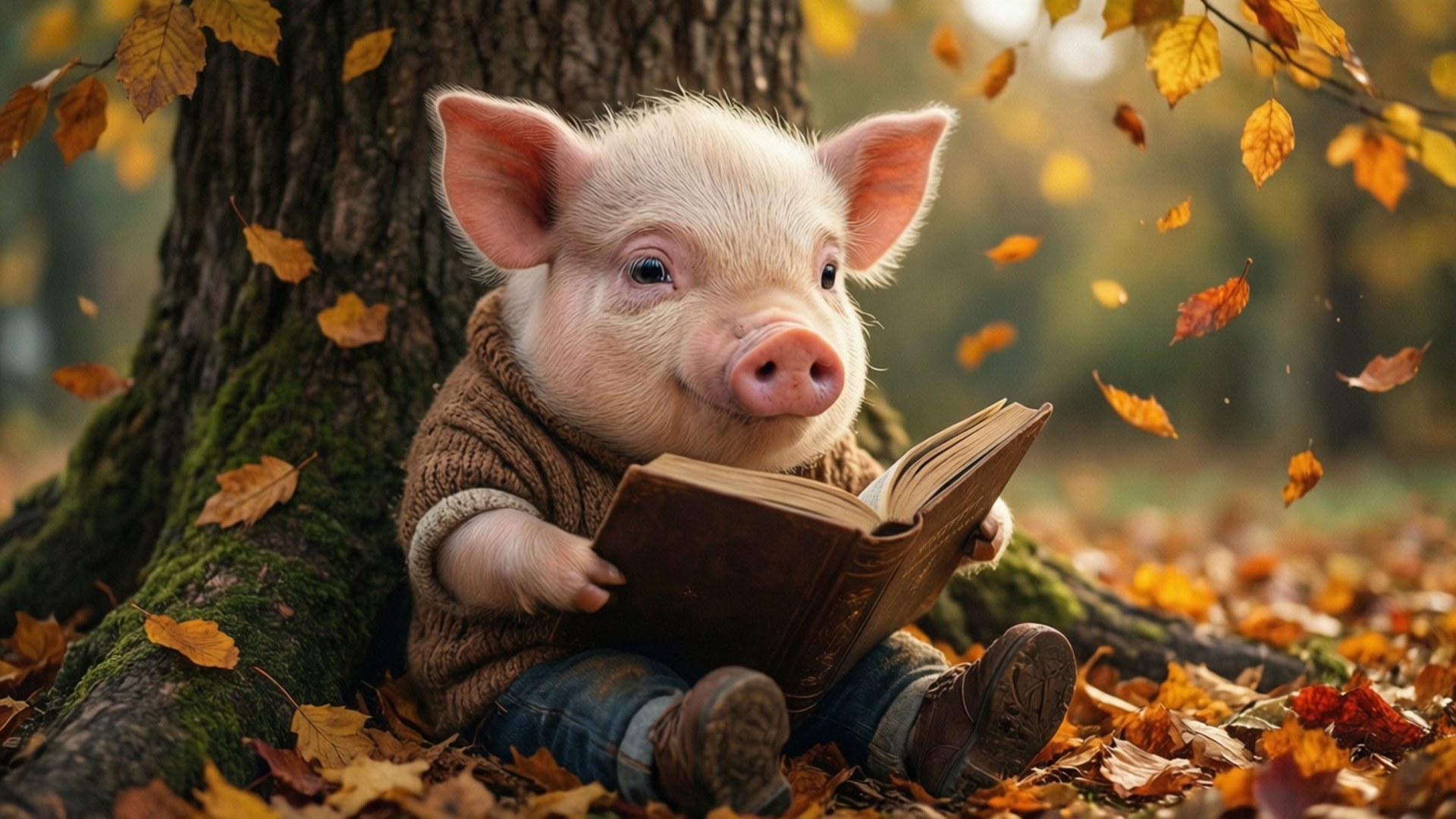 Baboy na Nagbabasa sa Taglagas Wallpaper